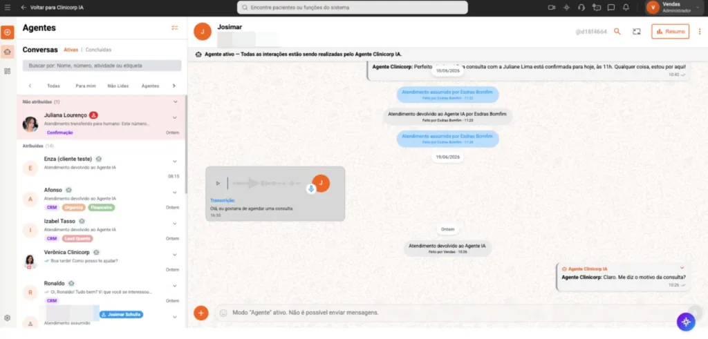 Captura de tela dos Agentes Clinicorp IA conversando com um paciente pedindo por um agendamento, no software odontológico Clinicorp.