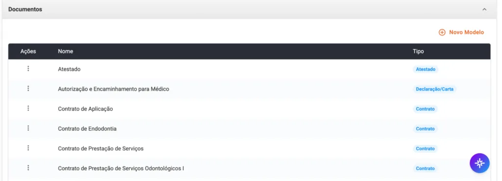 Captura de tela da aba de Documentos na parte de Configurações do software odontológico Clinicorp. Nela, podemos ver o nome e tipo de cada documento, o que facilita a rotina do gestor ao poder centralizar todos os documentos da clínica em um sistema só.