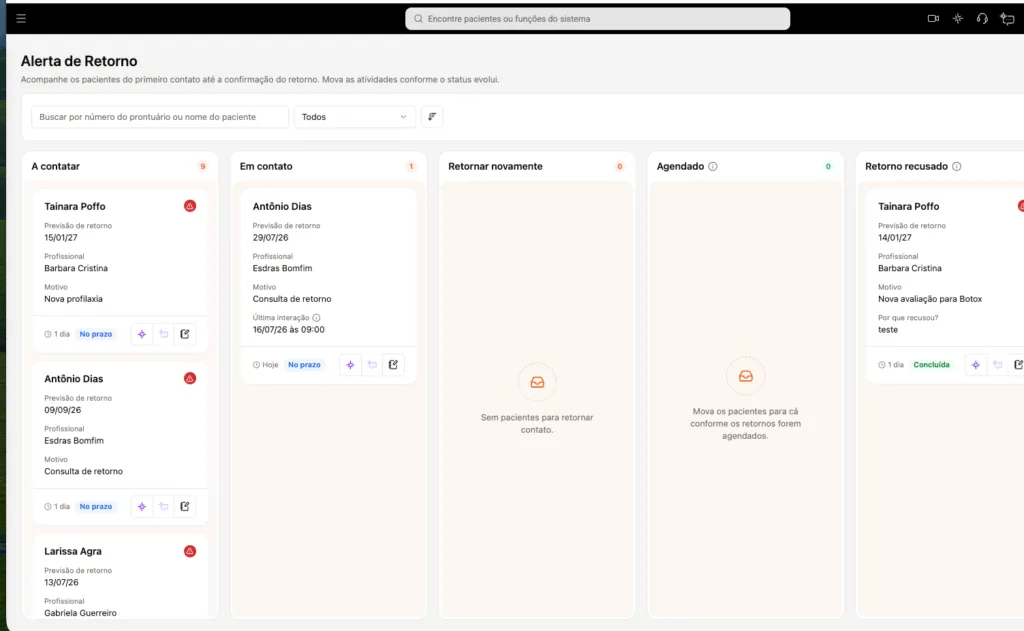 Tela de configuração de Alertas de Retorno no software odontológico Clinicorp.