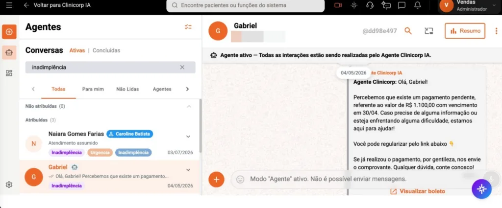 Captura de tela dos Agentes Clinicorp IA do software odontológico Clinicorp.