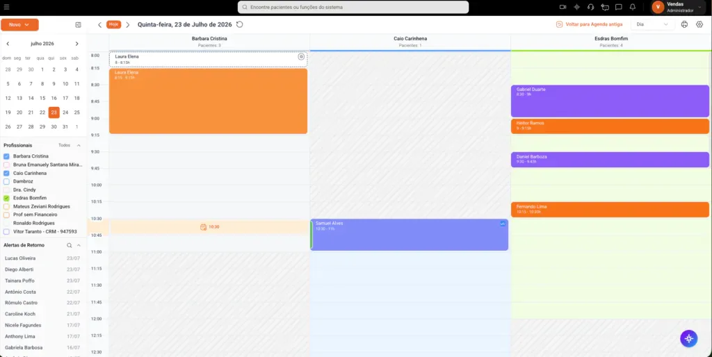 Tela de Agenda Inteligente digital do software odontológico Clinicorp.
