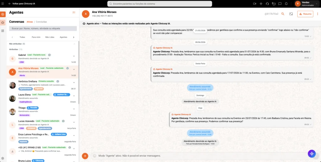 Tela de Agentes Clinicorp IA do software odontológico Clinicorp.