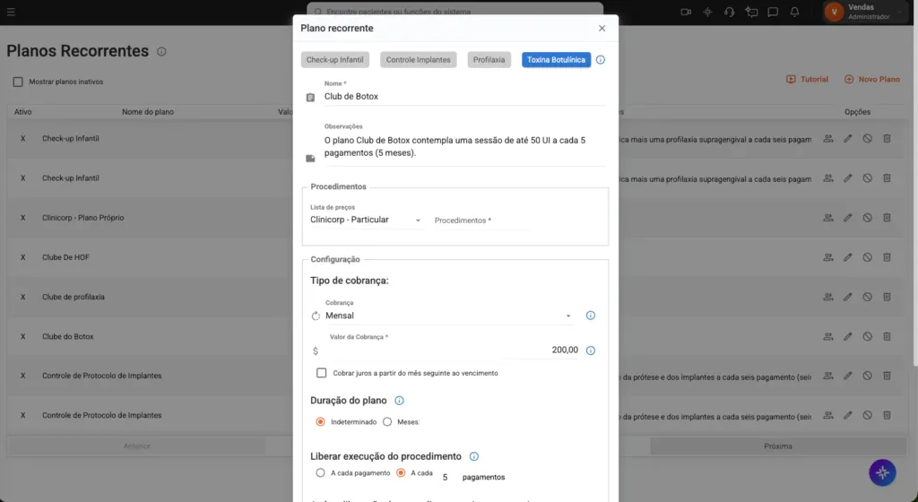 Tela do Plano de Recorrência do software para clínicas de estética avançada Clinicorp.