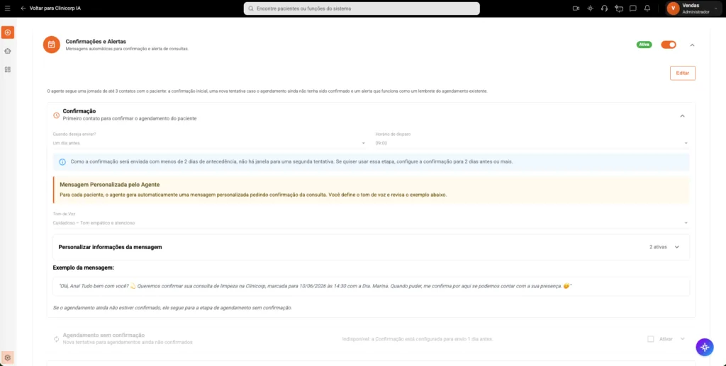 Tela de Configuração de Confirmação Automática de Consulta do software odontológico Clinicorp.