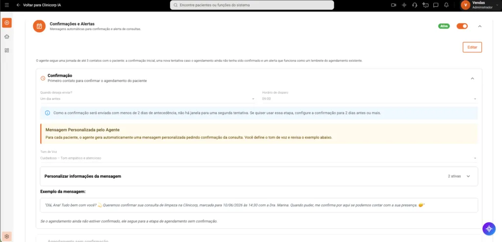 Captura de tela das configurações de Confirmações de Consulta do software odontológico Clinicorp.