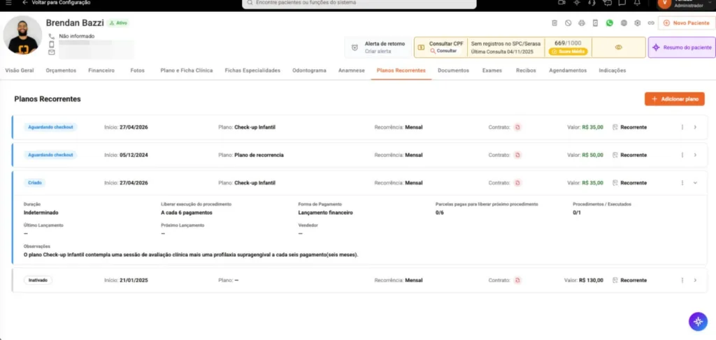 Captura de tela da funcionalidade dos Planos de Recorrência, dentro do Prontuário Eletrônico do paciente, do software odontológico Clinicorp.