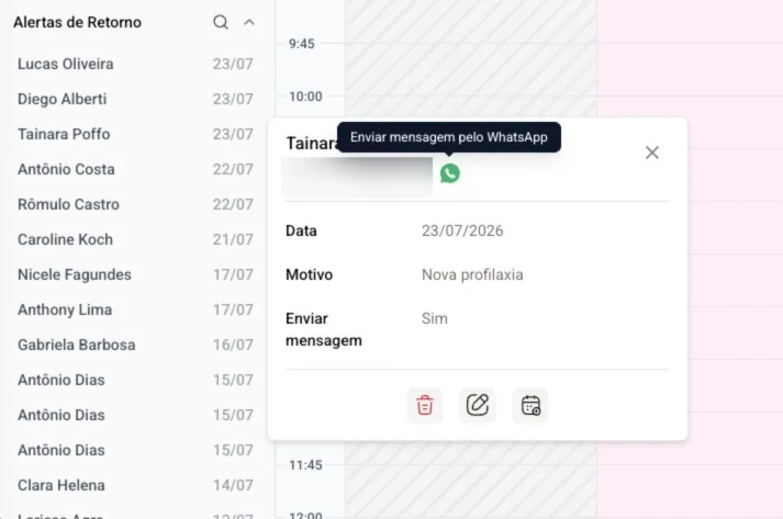 Captura de tela da funcionalidade de Alerta de Retorno do software odontológico Clinicorp, na aba da Agenda Online.