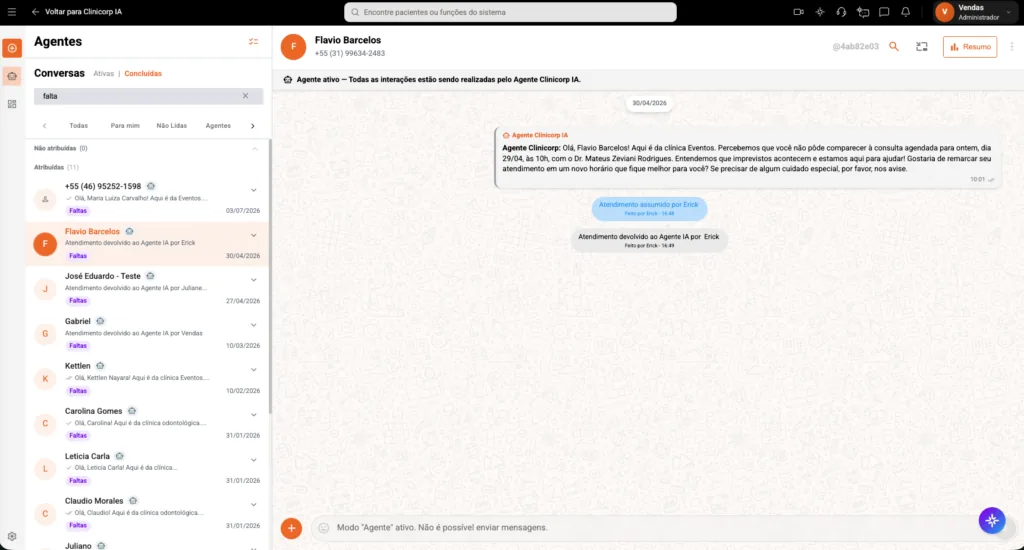 Tela de Agentes Clinicorp IA com mensagem para paciente que faltou à consulta no software odontológico Clinicorp.