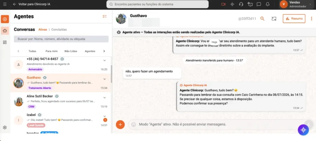 Imagem de uma das conversas dos Agentes Clinicorp IA do software odontológico Clinicorp.