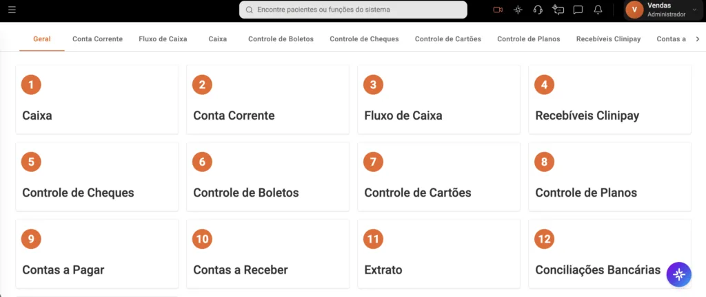Captura de tela da aba do Financeiro do software odontológico Clinicorp.