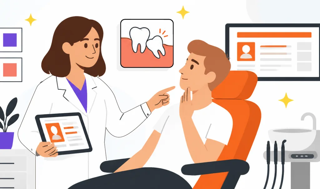 Imagem ilustrativa de um dentista orientando paciente sobre dor do dente do siso nascendo durante consulta, com prontuário digital e ilustração do dente em erupção ao fundo.