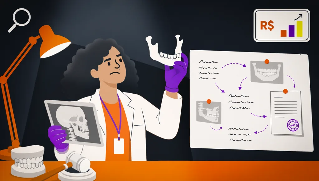 Imagem ilustrativa de um dentista perito judicial analisando uma radiografia e arcada dentária. No fundo, vemos um quadro branco com algumas anotações, em um consultório levemente misterioso.