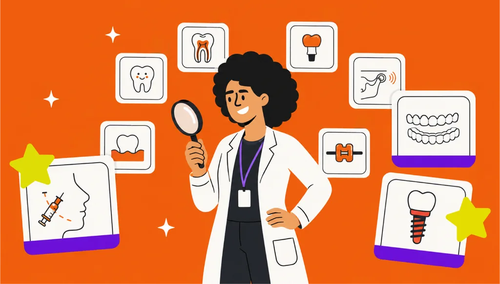 Ilustração de uma dentista sorridente segurando uma lupa, cercada por ícones representando diferentes áreas da odontologia — dente saudável, canal (endodontia), implante, aparelho ortodôntico, harmonização orofacial, prótese dentária e radiografia — sobre fundo laranja.