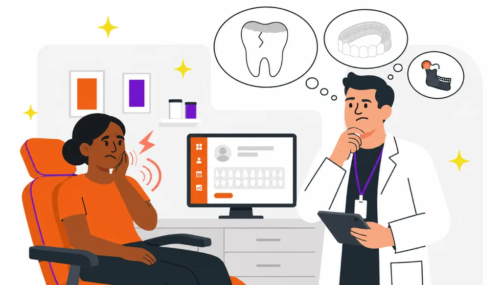 Ilustração de um dentista analisando em tablet os sinais de bruxismo do paciente — desgaste dentário, placa miorrelaxante e ATM — enquanto paciente sente dor no rosto, em consultório com sistema Clinicorp aberto na tela.