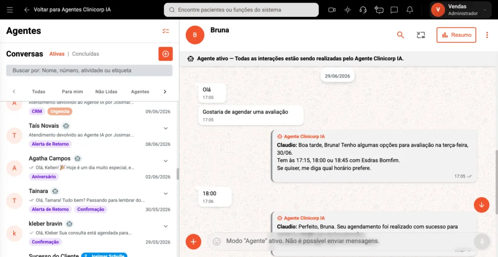 Agentes Clinicorp IA realizando um atendimento de um paciente que deseja agendar uma avaliação.