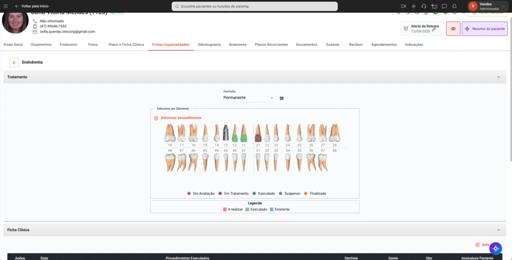 Tela de “Ficha de Endodontia” do software odontológico Clinicorp para tratamento de canal dentário.
