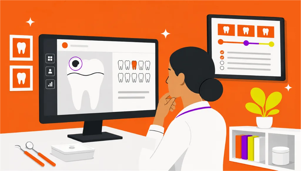 Ilustração de uma cárie sendo avaliada em tela de odontograma digital, com dentista analisando o dente marcado e o estágio da lesão ao lado, em referência ao diagnóstico e documentação de cárie.