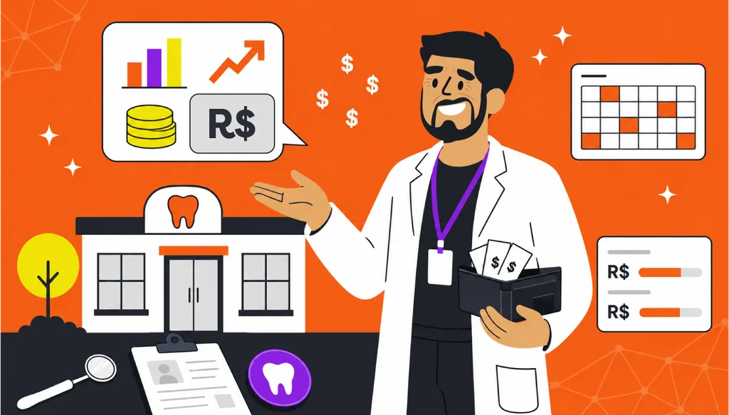 Ilustração de um dentista sorridente em frente ao consultório, segurando dinheiro na carteira, com ícones de gráfico de faturamento, agenda e indicadores financeiros ao redor.