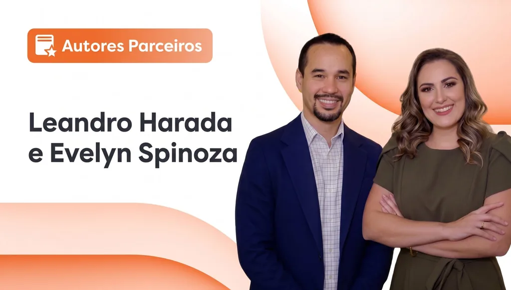 Leandro Harada e Evelyn Spinoza, autores parceiros do conteúdo sobre organograma de clínica odontológica, posados lado a lado com o selo “Autores Parceiros.”