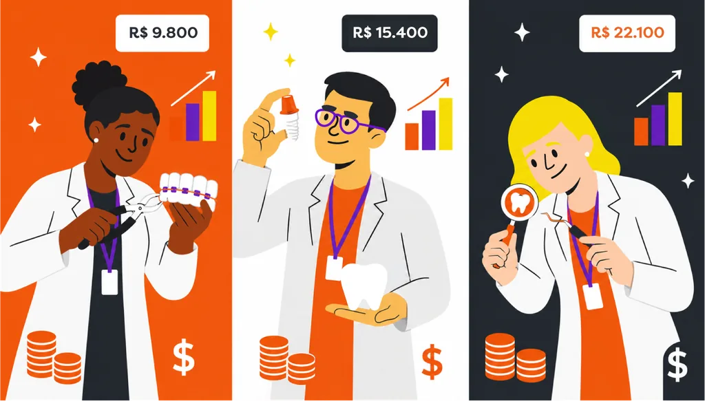 Ilustração de três dentistas representando o salário de dentista em 2026 por especialidade, com valores comparativos de R$ 9.800, R$ 15.400 e R$ 22.100 e gráficos de crescimento ao fundo.