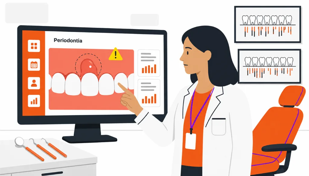 Imagem ilustrativa de abscesso dentário: dentista analisa em tela digital uma gengiva inflamada com ponto de pus e alerta visual, ao lado de ilustrações comparativas de abscesso periapical e periodontal e gráfico de periograma.