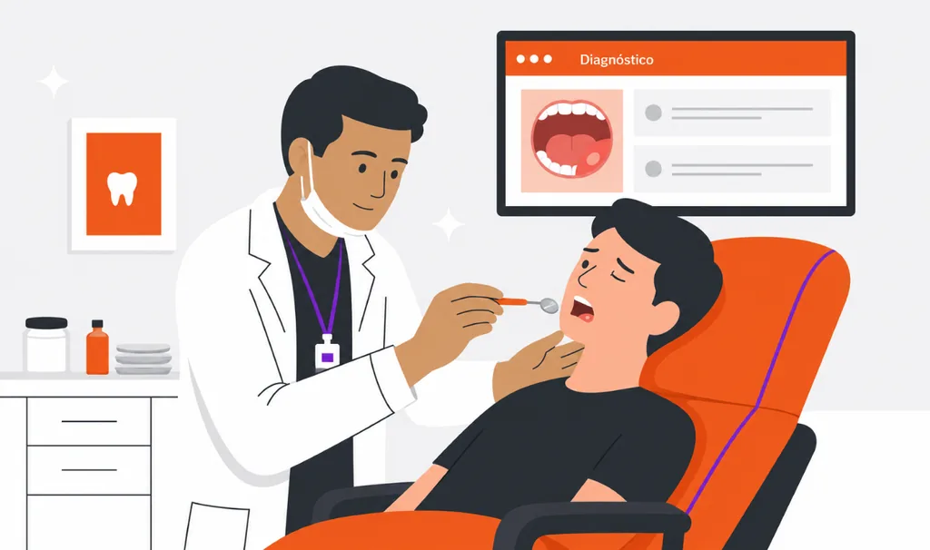 Imagem ilustrativa de afta: dentista examina a boca de um paciente com auxílio de espelho odontológico, com tela ao lado mostrando diagnóstico da lesão bucal.
