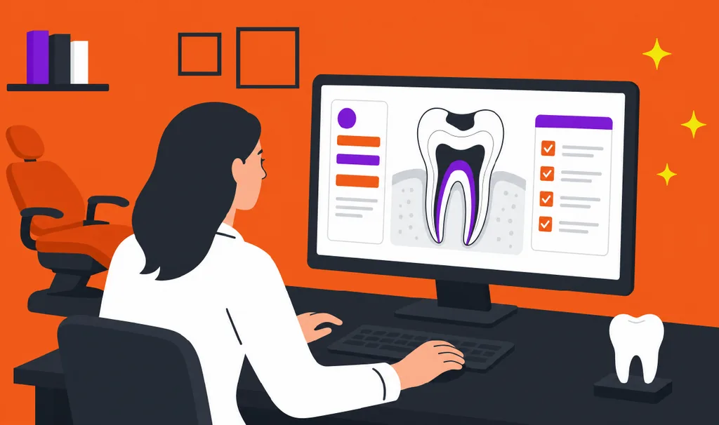Imagem ilustrativa de um canal dentário: dentista analisa na tela do computador um esquema do dente com a raiz destacada em roxo, ao lado de um checklist com itens marcados, representando o processo de diagnóstico e documentação do tratamento de canal.