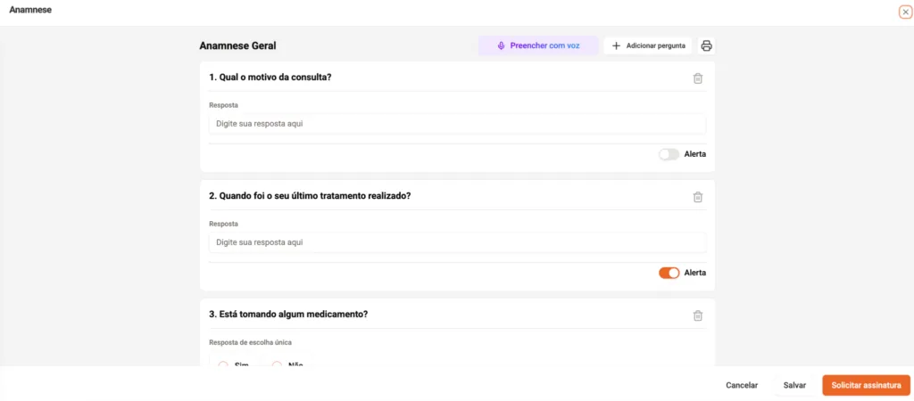 Captura de tela da Anamnese, dentro do Prontuário Eletrônico, do software para clínicas de estética Clinicorp.