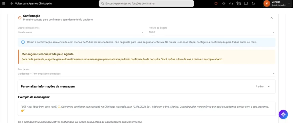 Captura de tela das configurações das Confirmações de Consulta da aba de Agentes Clinicorp IA, do software odontológico Clinicorp.