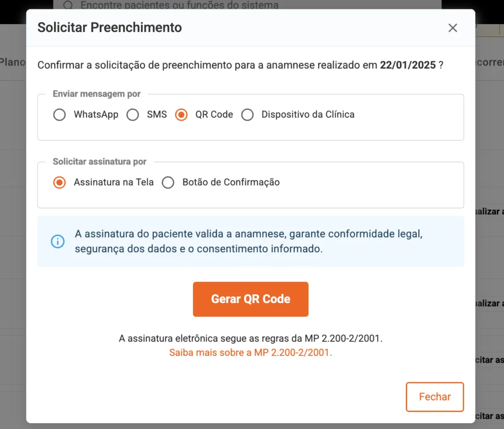 Captura de tela da funcionalidade de solicitação de Assinatura Eletrônica, dentro do Prontuário Eletrônico, do software para clínicas de estética Clinicorp.