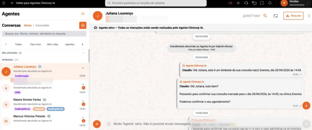 Captura de tela dos Agentes Clinicorp IA conduzindo uma conversa de confirmação de consulta, pelo Clinicorp, software odontológico.