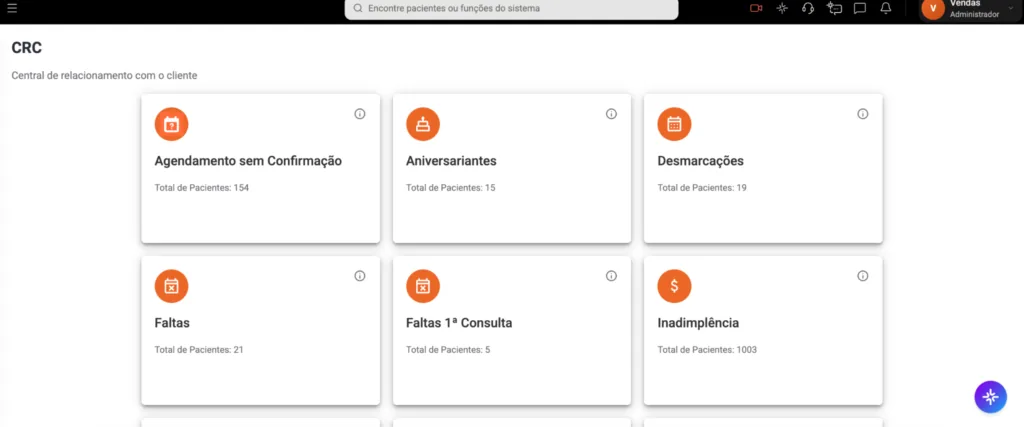 Captura de tela do CRC, funcionalidade dentro do software odontológico Clinicorp.