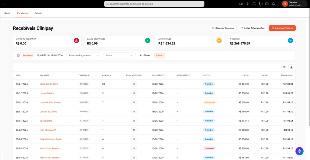 Tela mostrando os recebíveis pela plataforma Financeira Clinipay.