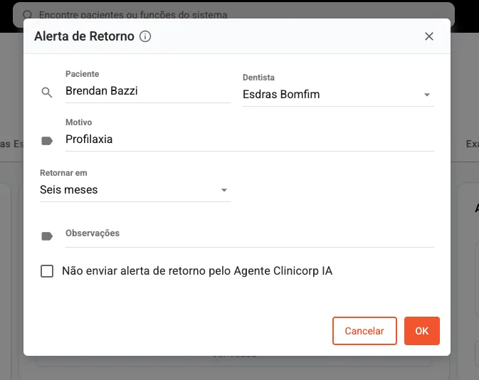 Configuração do Alerta de Retorno de um paciente para realizar Profilaxia.