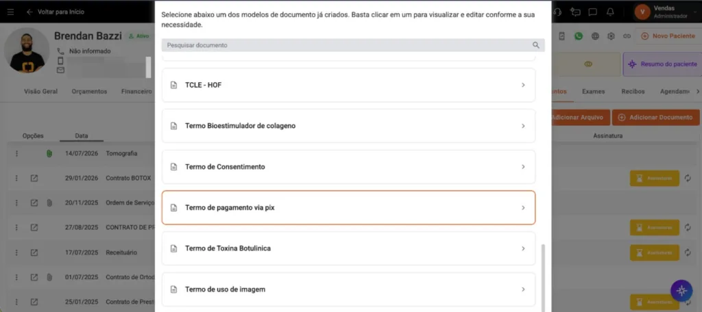 Captura de tela da aba de Documentos, dentro do Prontuário Eletrônico, do software para clínicas de estética Clinicorp.