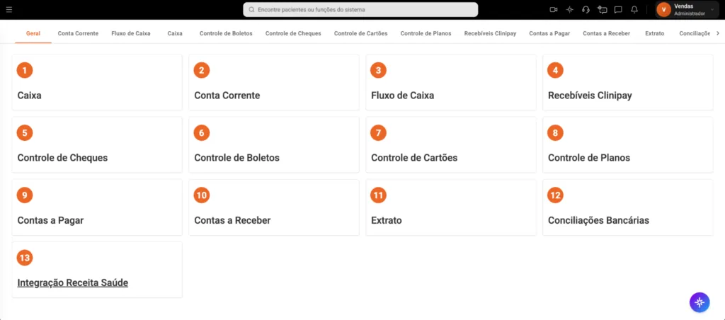 Captura de tela da aba do Financeiro do software odontológico Clinicorp.
