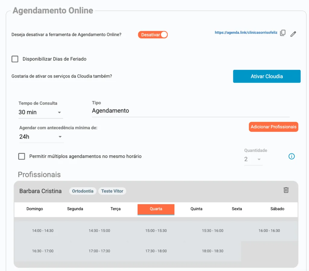 Captura de tela de configuração do Agendamento Online do software odontológico Clinicorp.