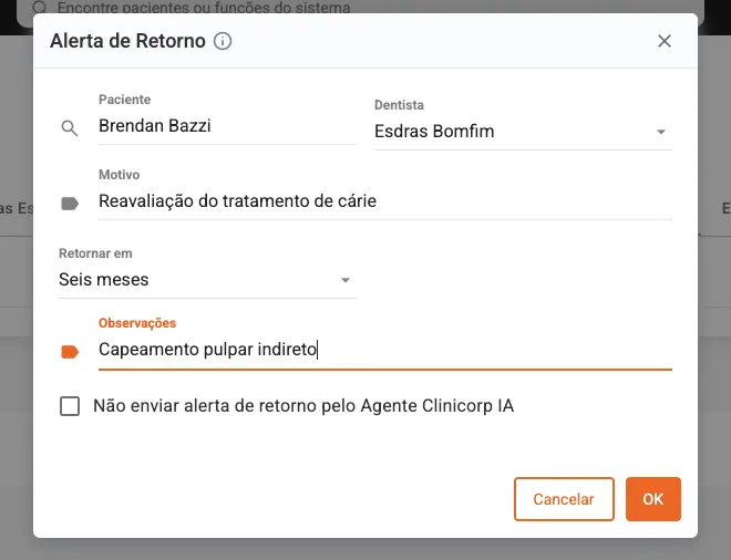 Print da tela de configuração do alerta de retorno do paciente que realizou o tratamento de cárie.