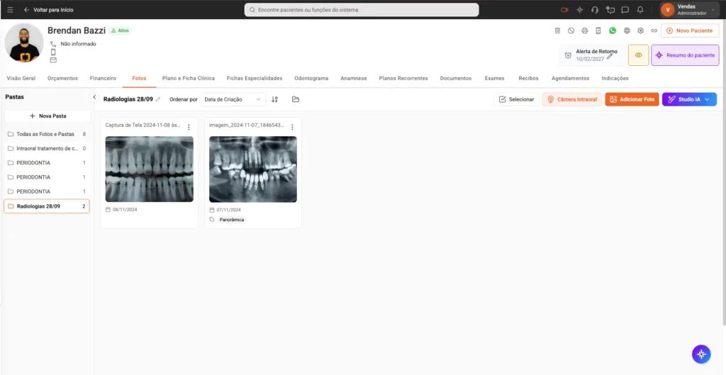 Print da tela Aba de Fotos dentro do Clinicorp, mostrando imagens de um exame radiológico.