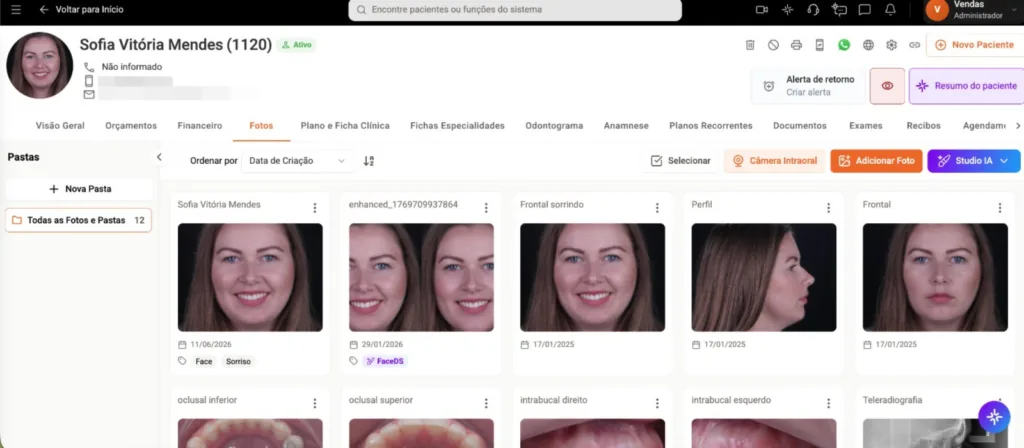 Captura de tela da aba de Fotos, dentro do Prontuário Eletrônico, do software para clínicas de estética Clinicorp.
