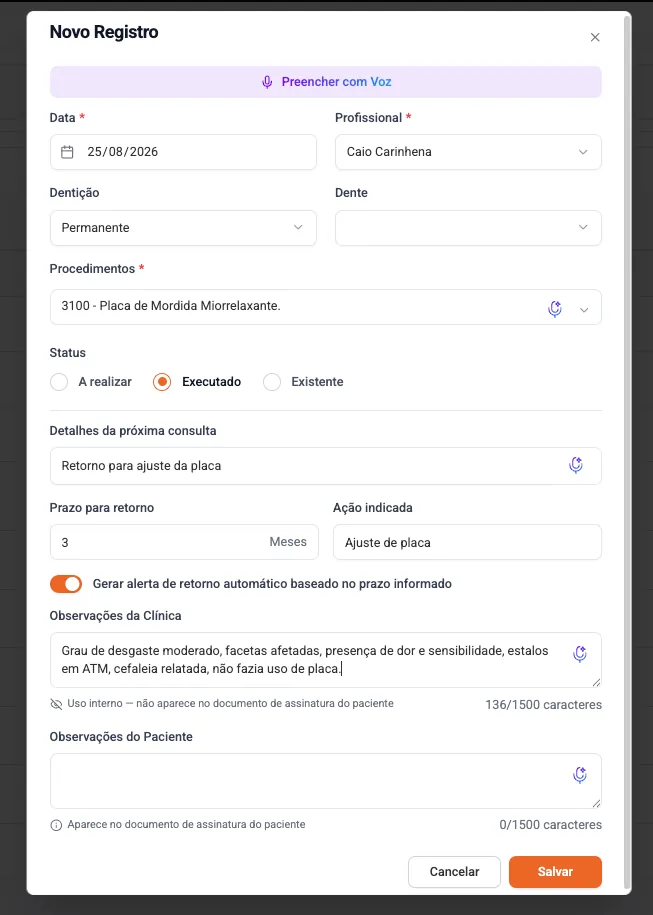 Print da tela do registro dentro da Ficha Clínica do paciente com a opção de Alerta de Retorno ativado.