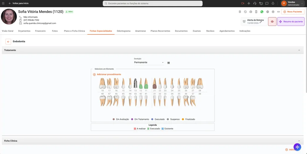 Tela de Ficha Endodôntica do software odontológico Clinicorp.