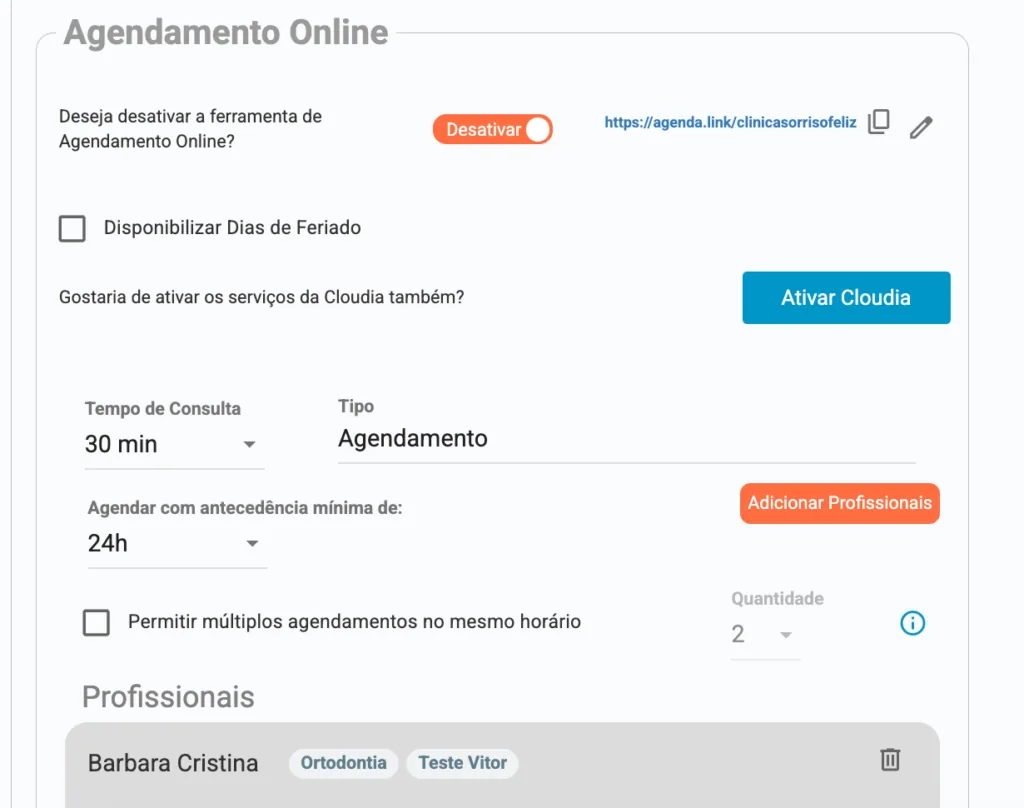 Captura de tela das configurações de Agendamento Online dentro do software odontológico Clinicorp.