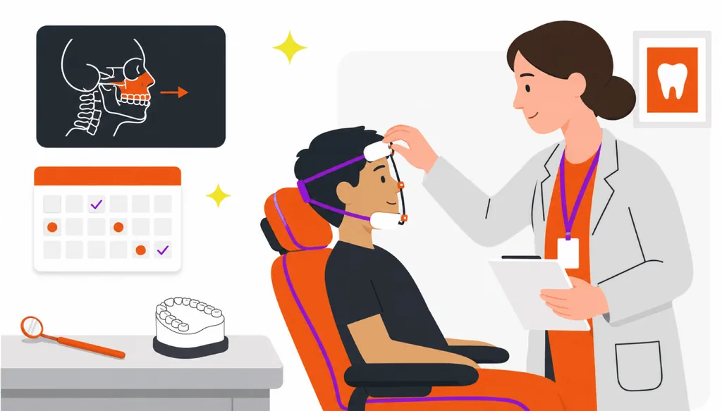 Ilustração de um dentista ajustando a máscara facial ortodôntica em paciente jovem, com raio-x da maxila ao fundo.