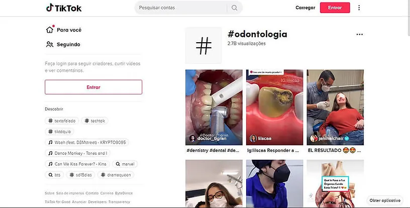 tiktok para dentistas, imagem mostrando uma hashtag de odontologia e imagens relacionadas a procedimentos